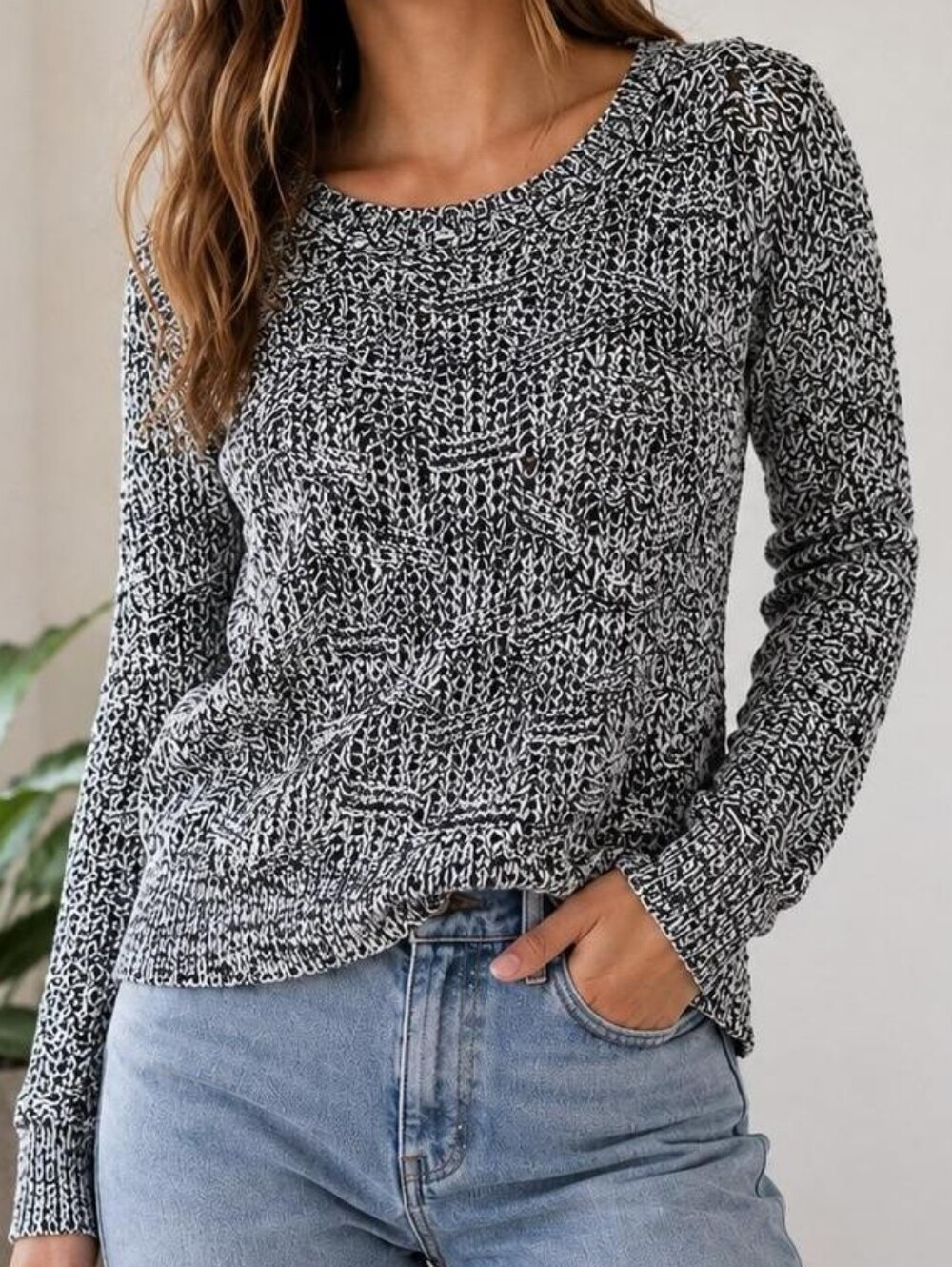 LOFT 100% Cotton Black and White Marled Knit Sweater